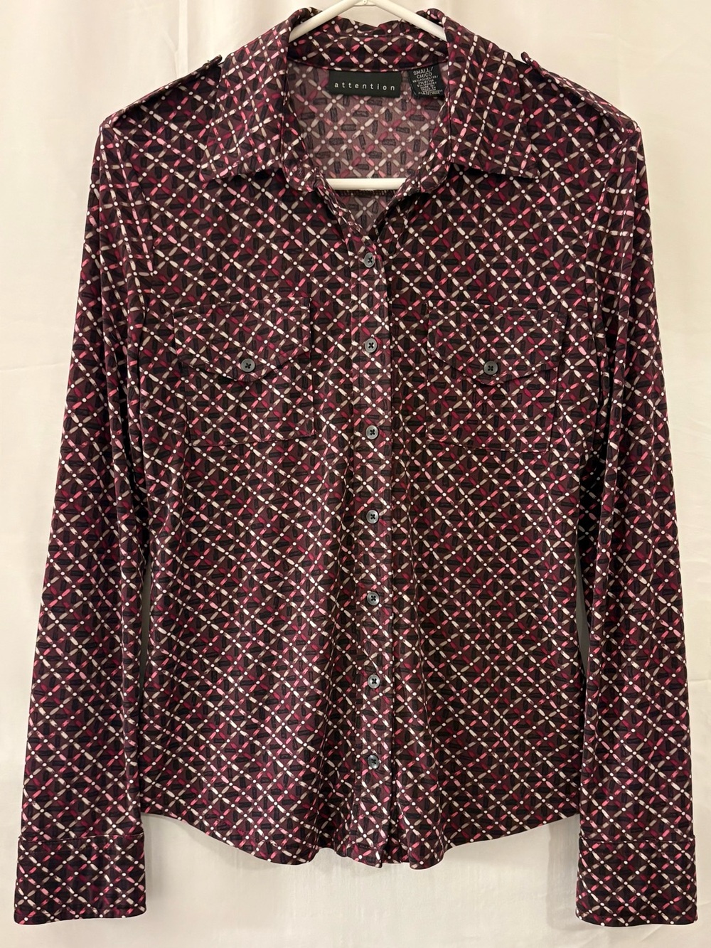 Burgundy Geometric-Print Button Down, Long-Sleeve Shirt